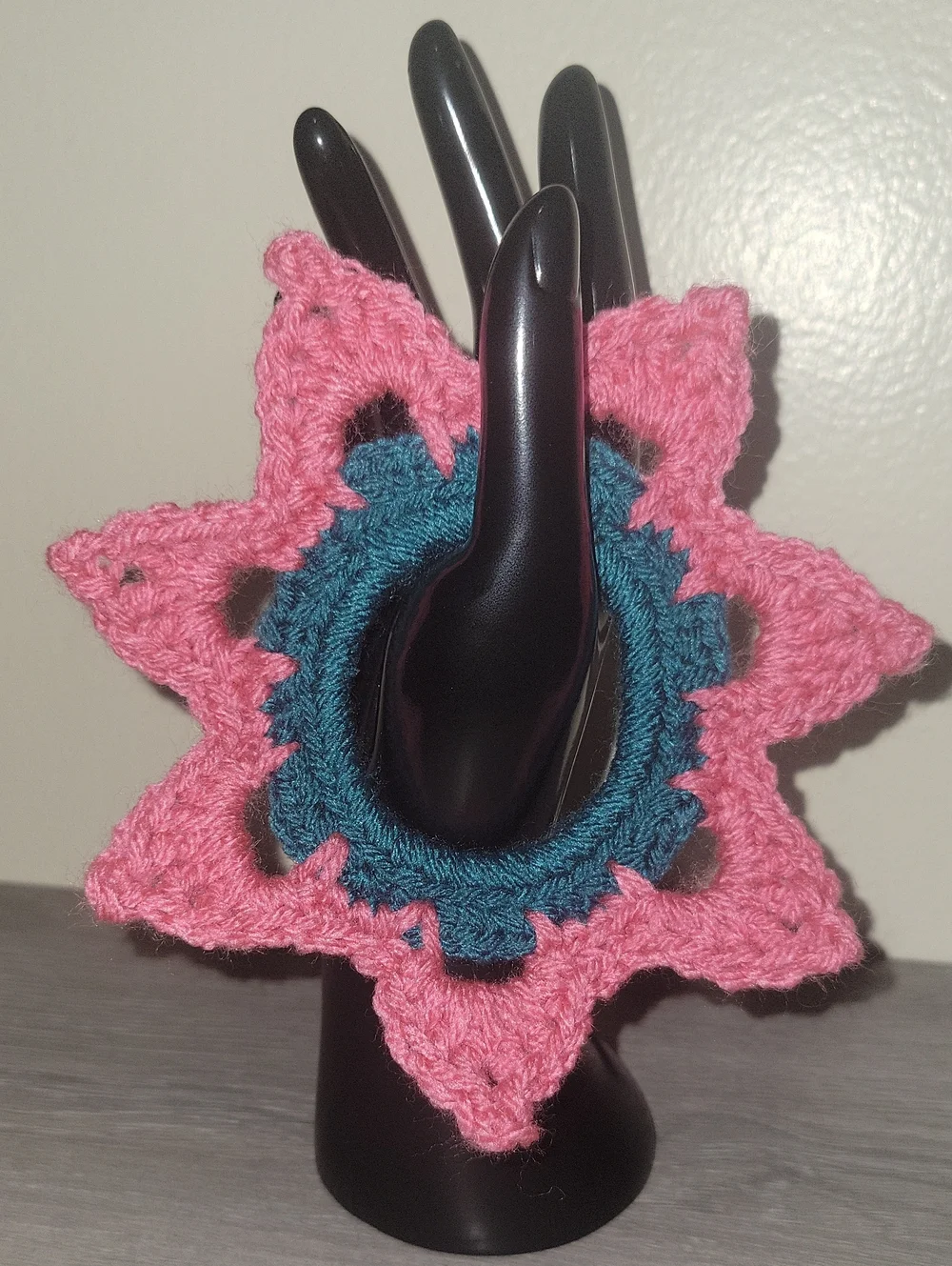 Handmade Crochet Star Flower Hair Accessory Scrunchie in Pink and Teal